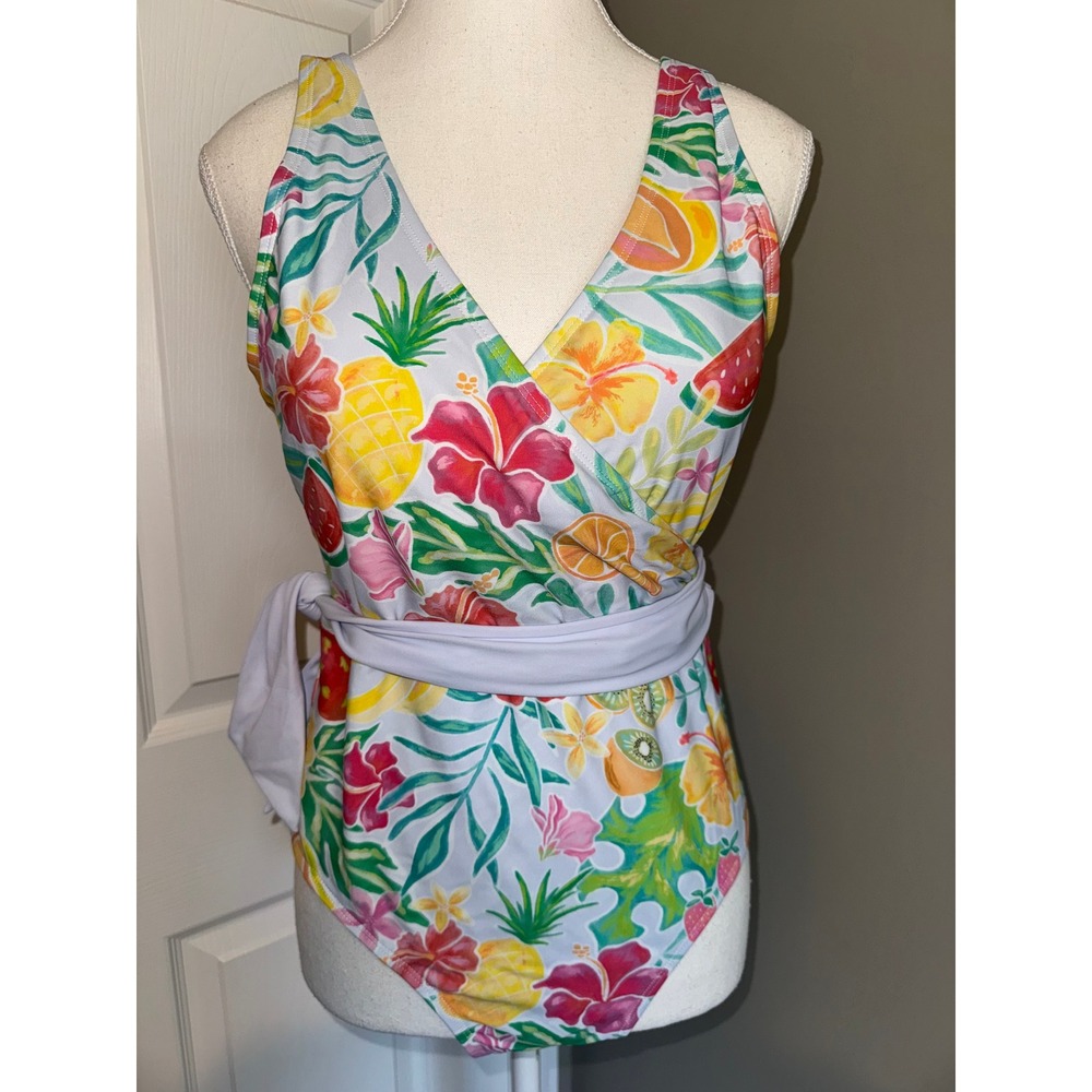 Caden Lane Women Tropical Fruit Floral Wrap One Piece Swimsuit Resortwear L